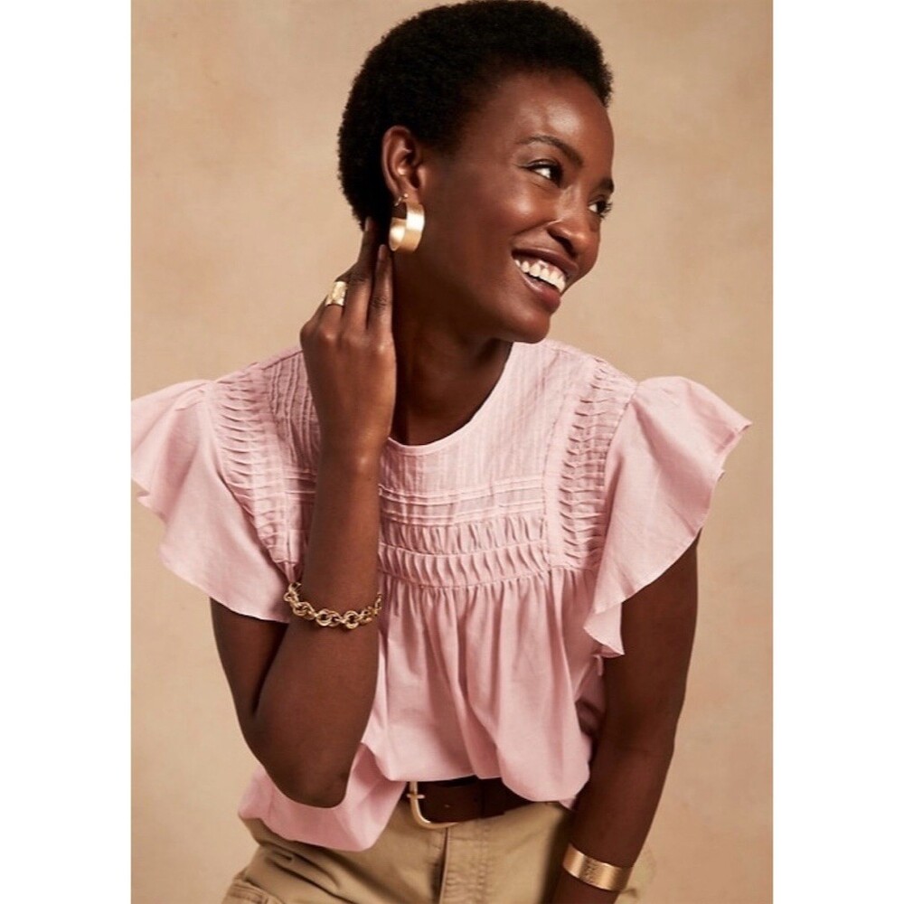 Banana Republic Pintuck Ruffle Sleeve Blouse Romantic Coquette Pink, Small